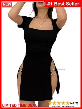 Plus Size Short Sleeve Square Neck Bodycon Mini Dress High Slit